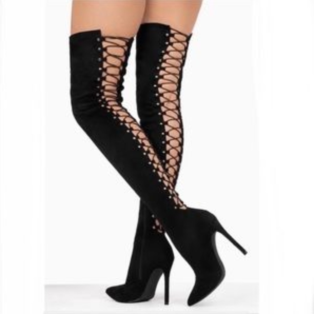 Stretchy Over the Knee Lace Up Boots in Black - Picture 10 of 16